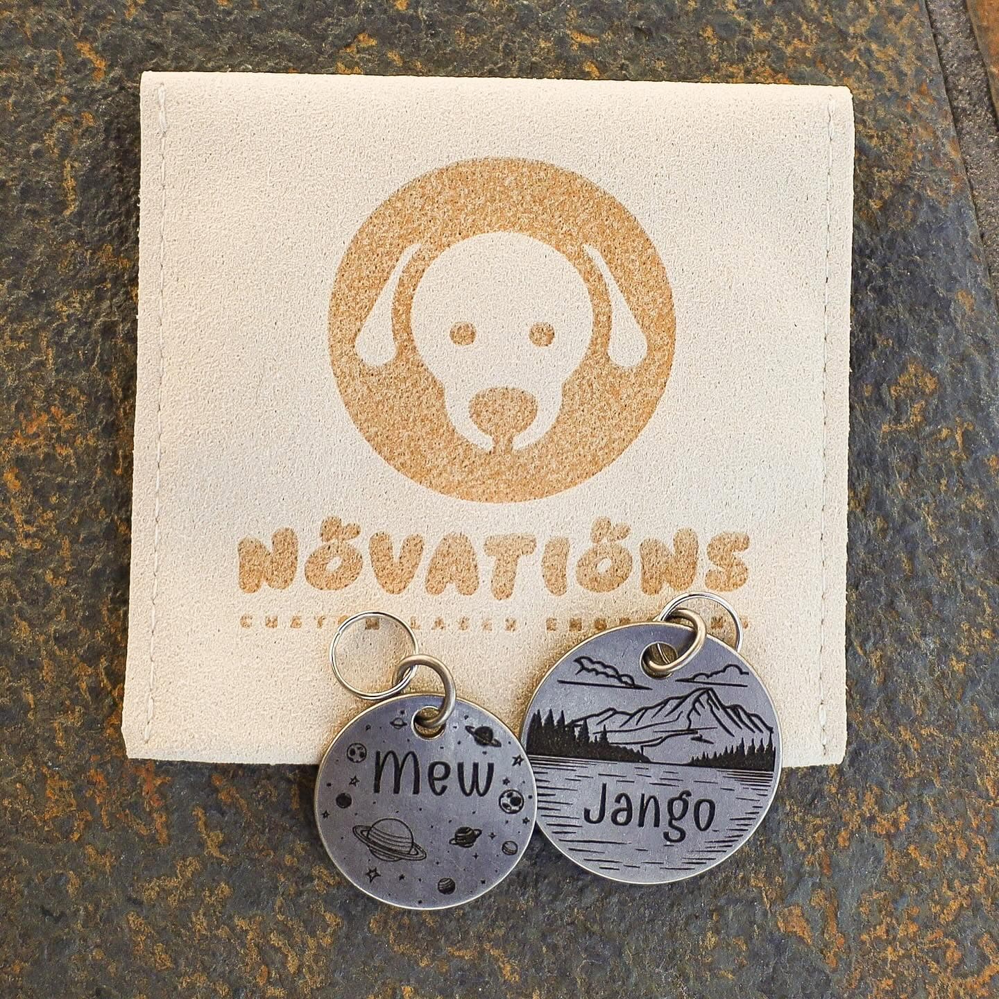 Novations custom and personalized packaging featuring engraved envelope and engraved pet tags in antique silver