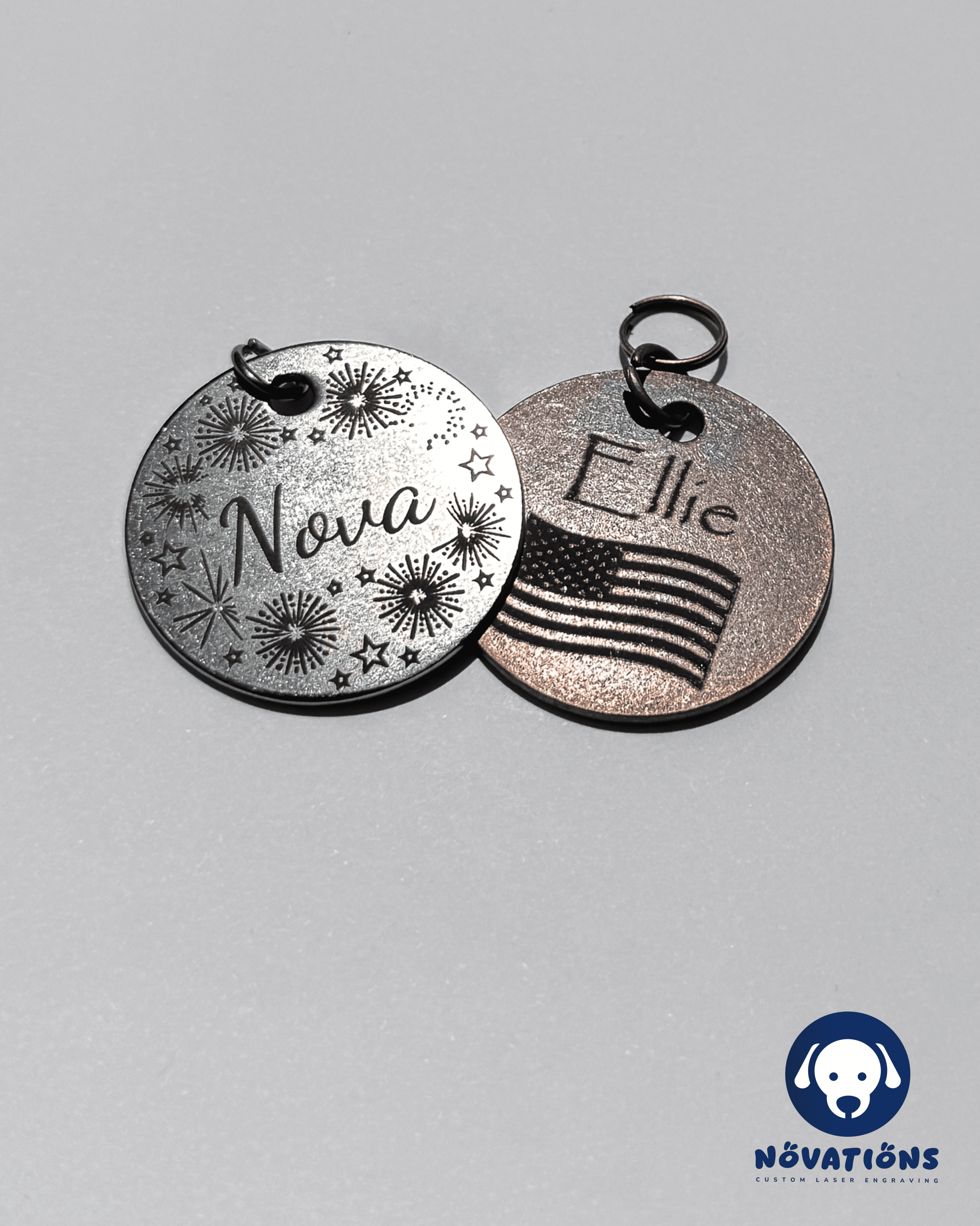 Custom pet tags from Novations in antique copper and antique silver featuring festive holiday designs