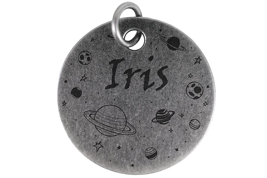 Among the Planets pet tag in antique silver