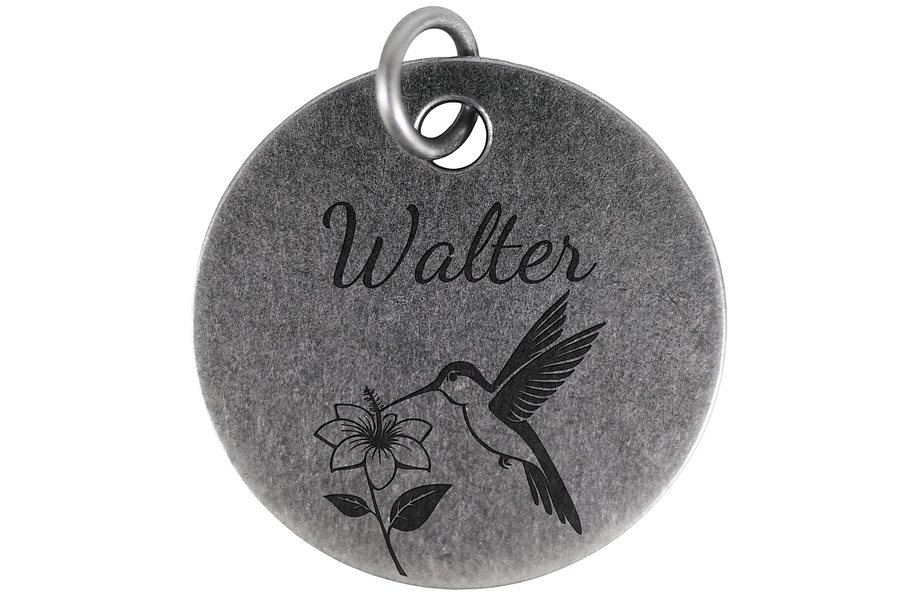 Blooming Hummingbird pet tag in antique silver