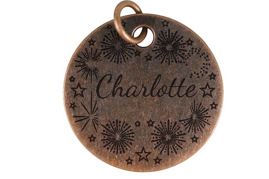 Firework Finale pet tag in antique copper