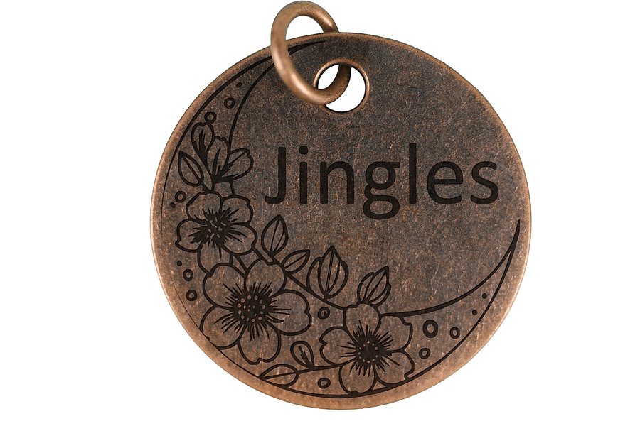 Floral Crescent pet tag in antique copper