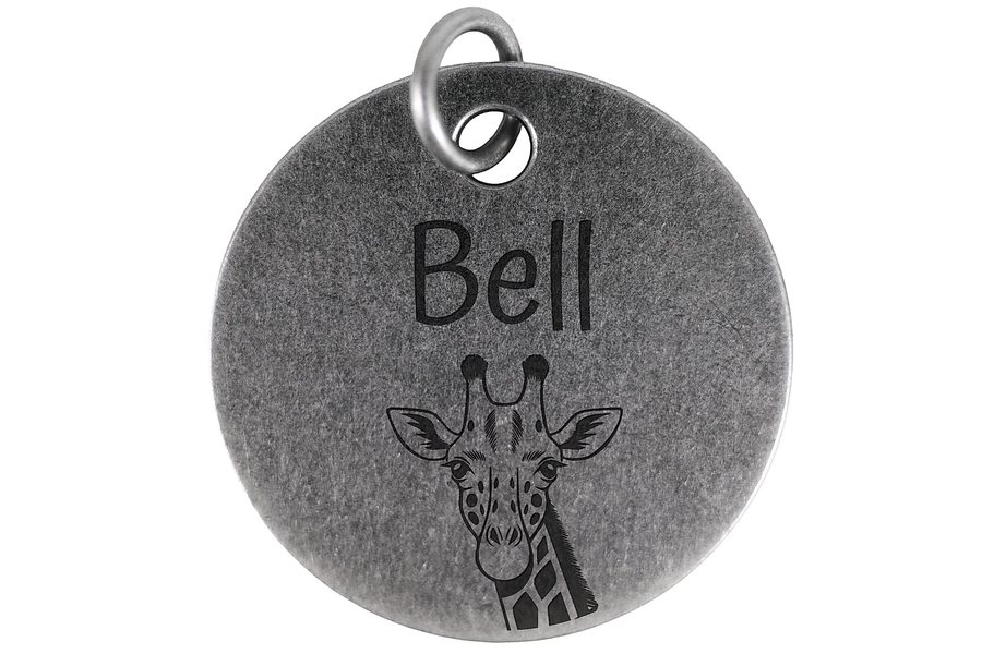 Graceful Giraffe pet tag in antique silver