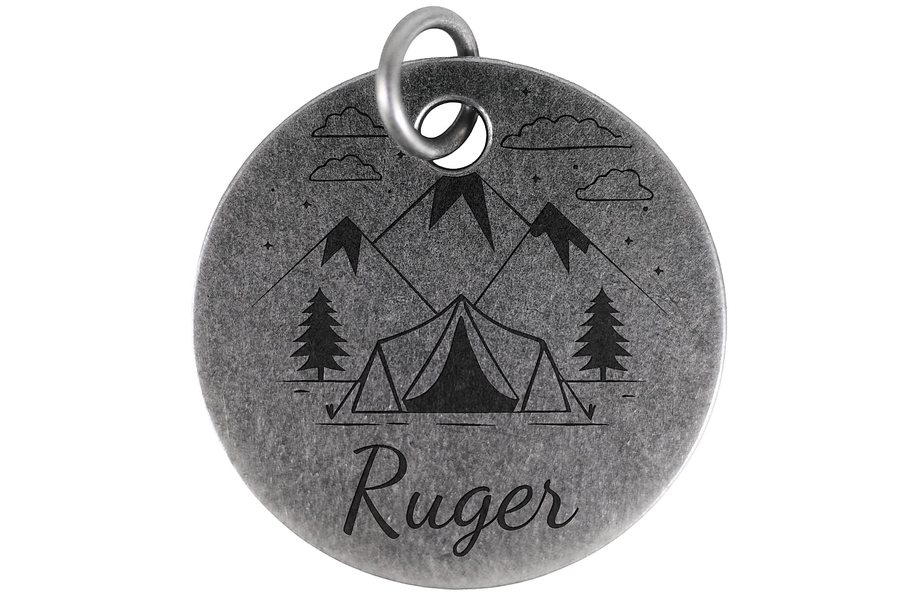 Happy Camper pet tag in antique silver