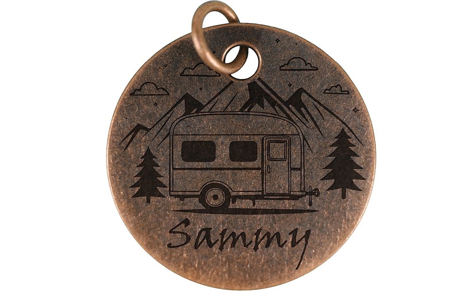 Mountain Getaway pet tag in antique copper