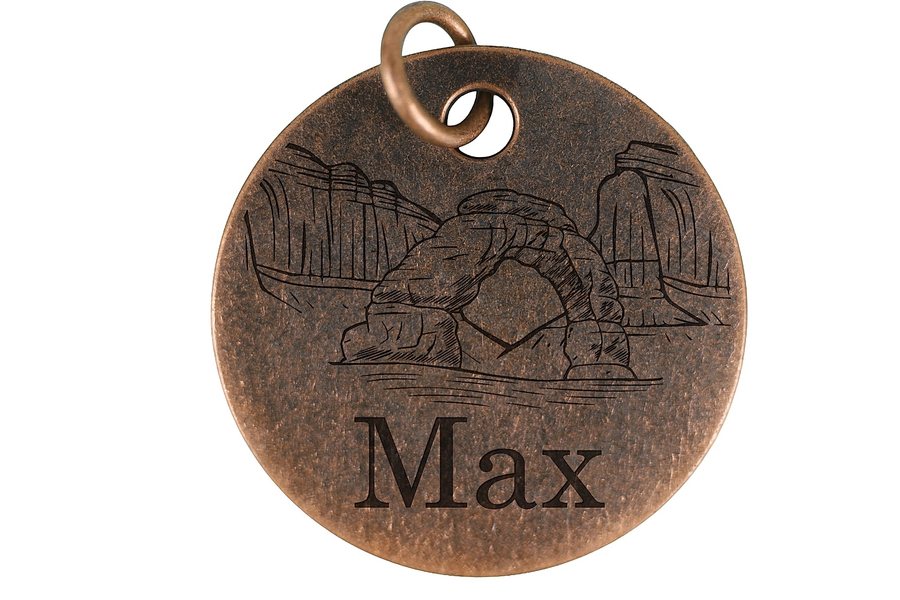 Red Rock Arch pet tag in antique copper