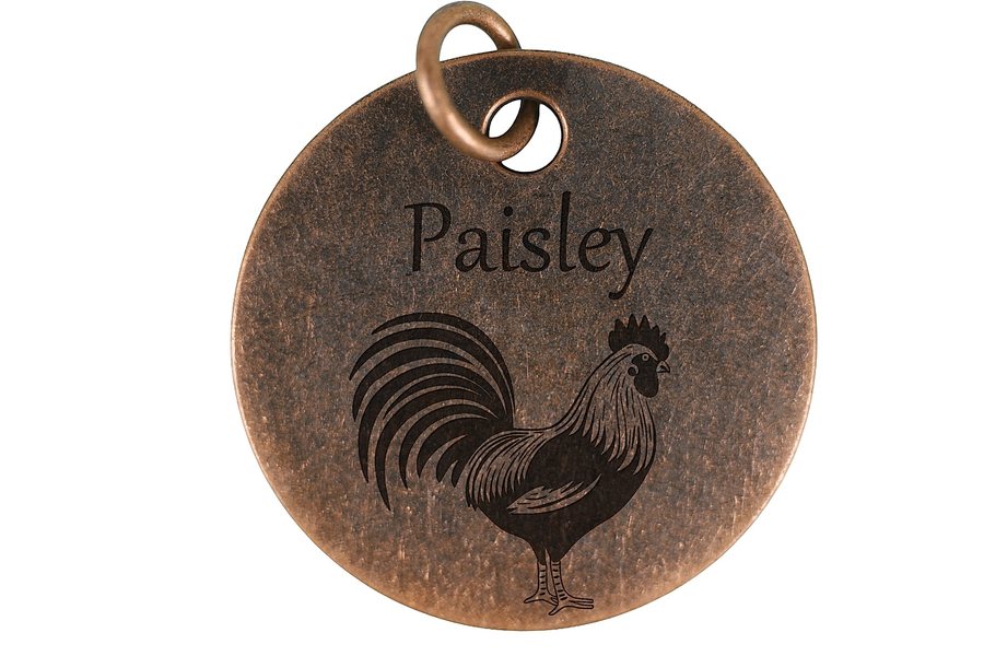 Sunrise Rooster pet tag in antique copper