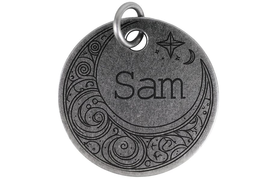 Swirling Crescent pet tag in antique silver