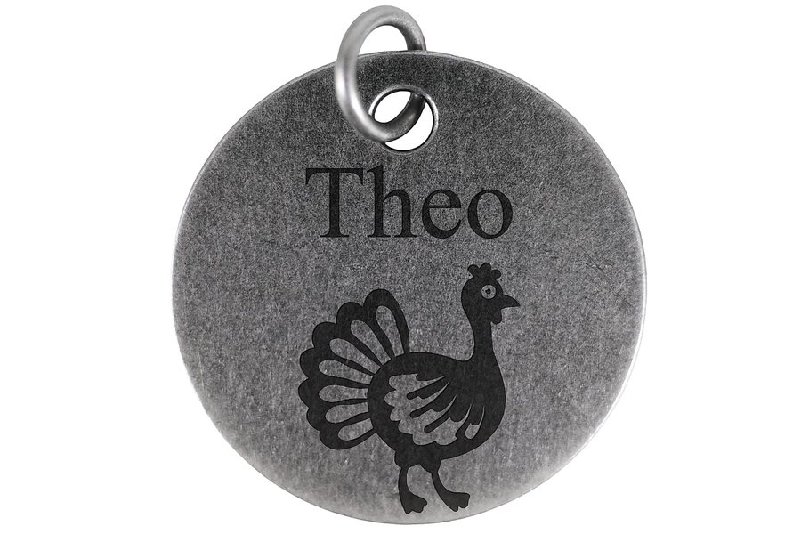 Thankful Turkey pet tag in antique silver