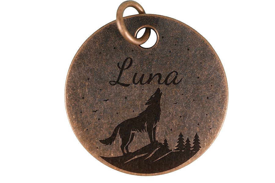 Timber Wolf pet tag in antique copper